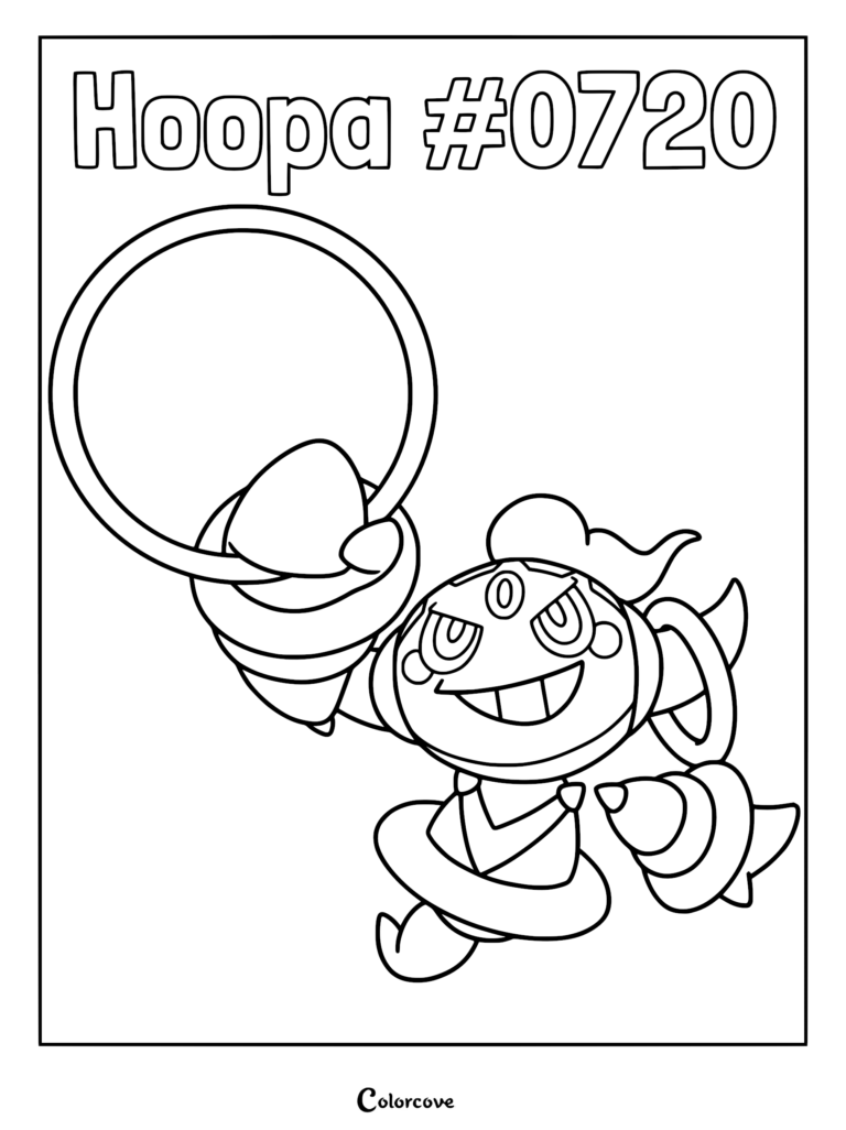 Hoopa tenant un grand anneau doré sur ce coloriage à imprimer de Pokémon Kalos.