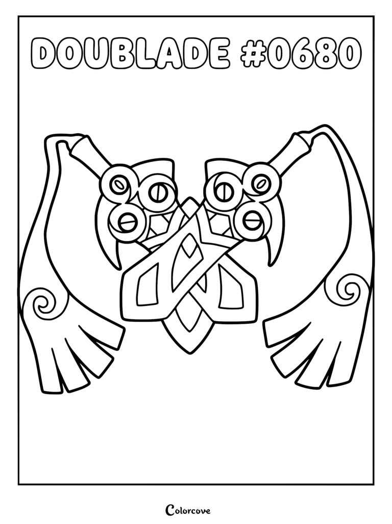 Un coloriage à imprimer mettant en vedette le Pokémon Kalos Dimoclès avec ses deux lames croisées et ses rubans de tissu flottants.