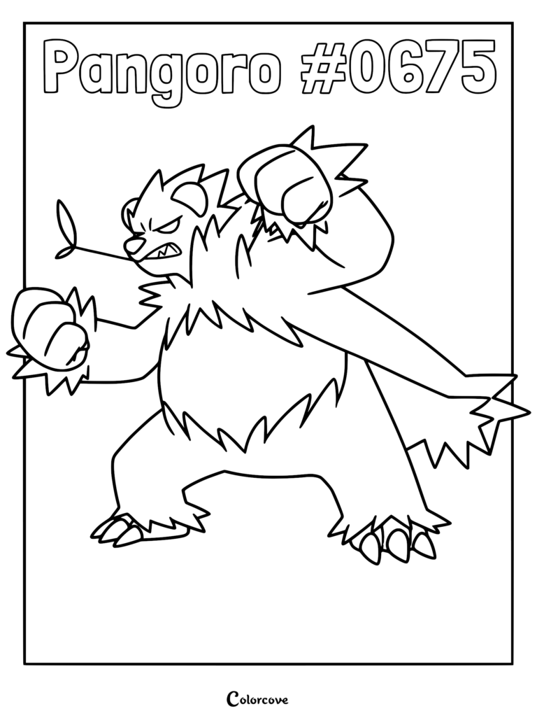 Coloriage de Pandarbare mettant en vedette le Pokémon Kalos avec une pousse de bambou dans la bouche et les poings levés dans une posture de combat.
