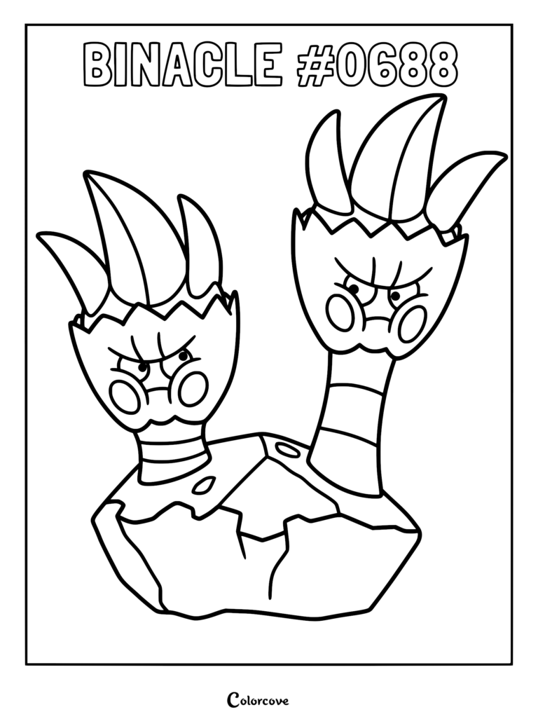 Un coloriage à imprimer du Pokémon de Kalos Opermine, avec ses deux têtes distinctes émergeant d'une base rocheuse.