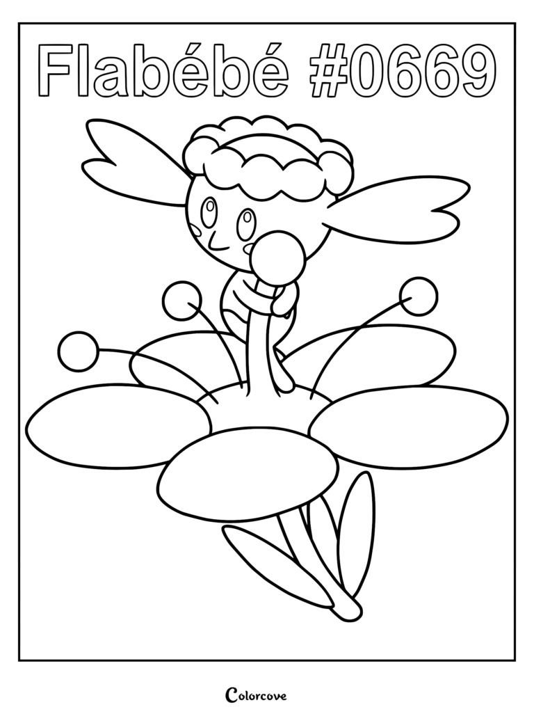 Un coloriage à imprimer mettant en vedette Flabébé tenant sa fleur caractéristique avec ses grands pétales et ses étamines.