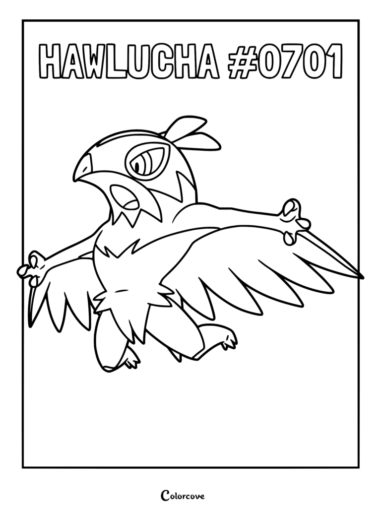 Brutalibré, le Pokémon de Kalos, dans une pose de vol dynamique sur un coloriage à imprimer.