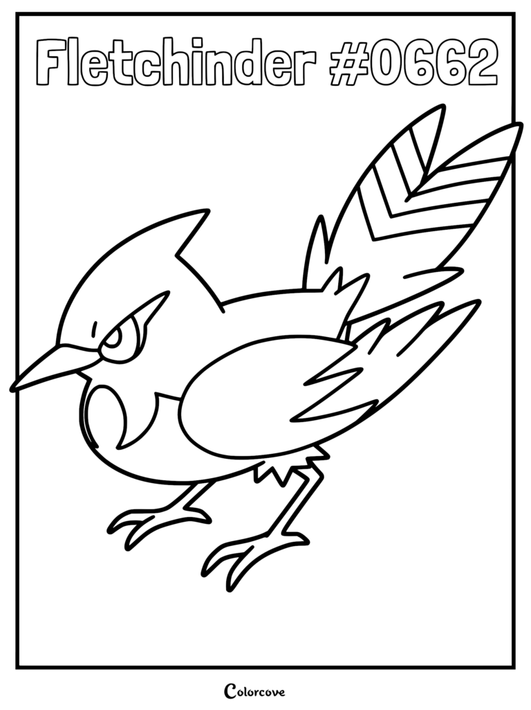 Un coloriage à imprimer mettant en vedette le Pokémon Kalos Braisillon avec sa crête acérée et ses plumes de queue en chevron.