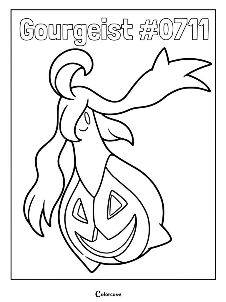 Coloriage de Banshitrouye représentant ce Pokémon de type Spectre avec son corps en forme de citrouille et ses appendices semblables à des cheveux flottants.