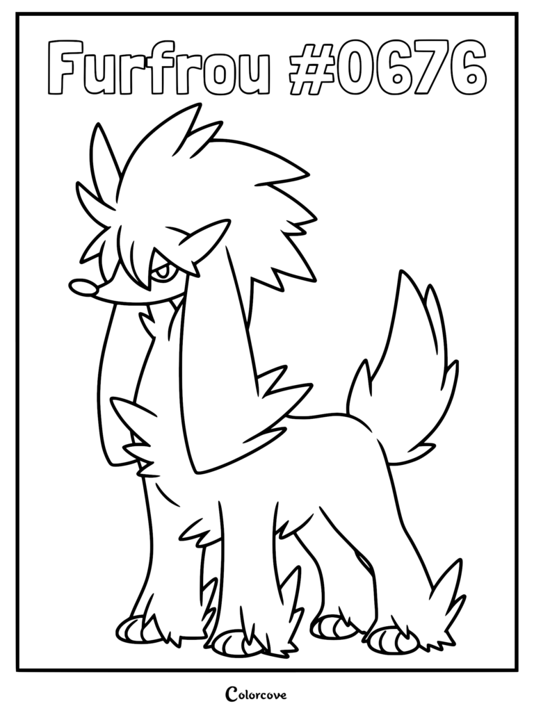 Couafarel #0676 debout dans une pose fière, coloriage à imprimer mettant en vedette le Pokémon de la région de Kalos avec sa fourrure ébouriffée caractéristique.