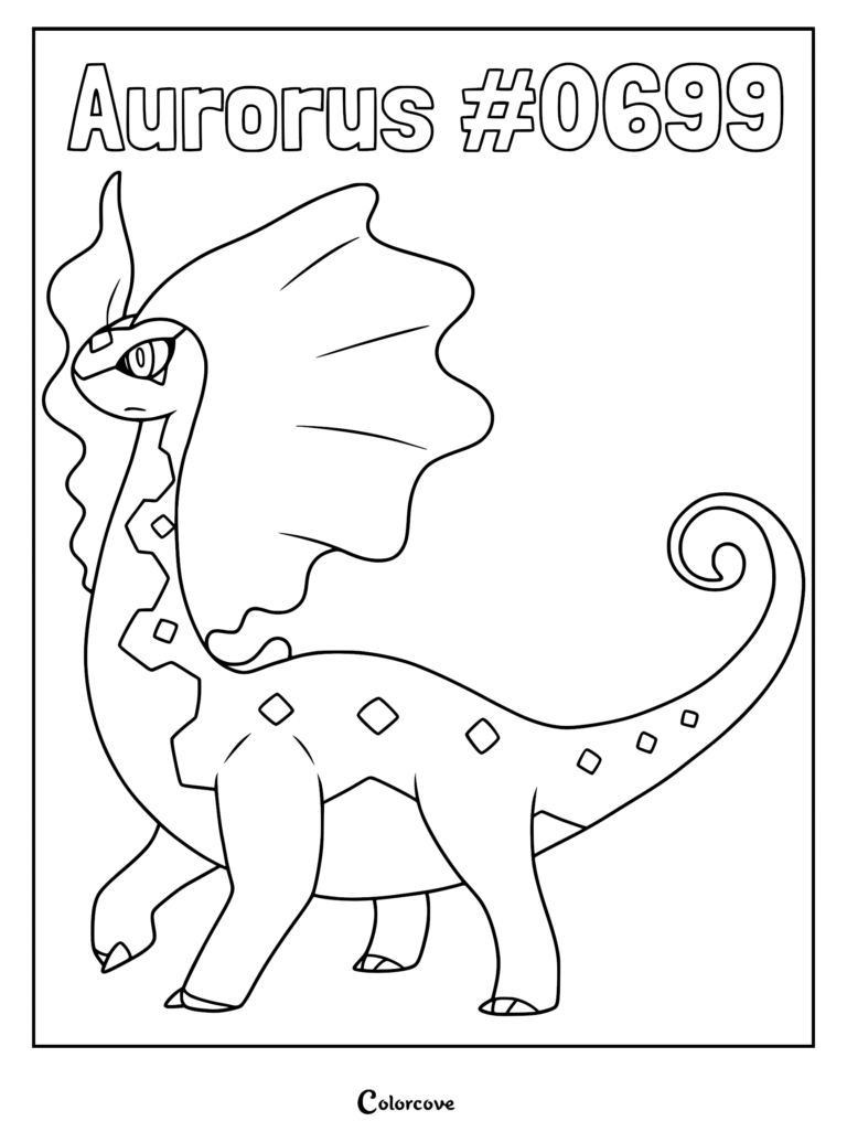 Coloriage de Dragmara, le Pokémon de Kalos, représentant cette créature au long cou avec une grande crête en forme de voile et une queue enroulée.