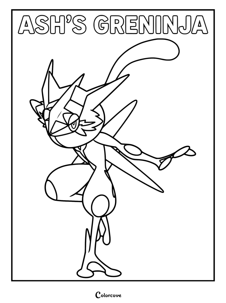 Amphinobi de Sacha dans une pose de ninja dynamique, coloriage en noir et blanc.