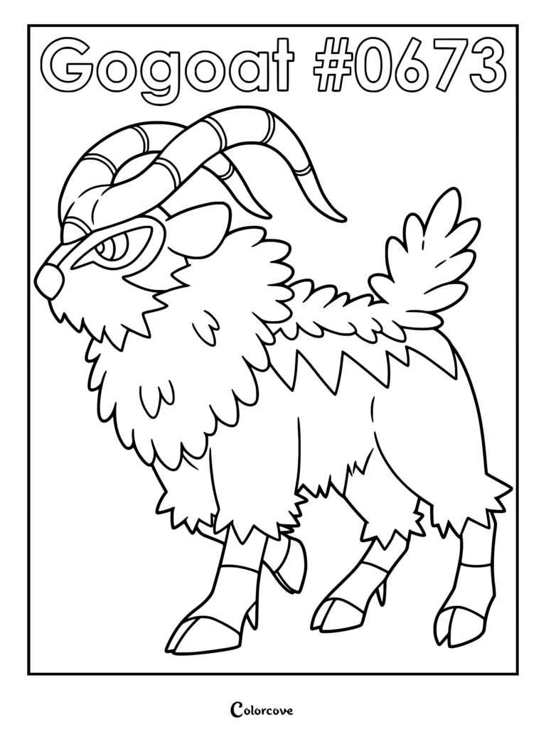 Un coloriage détaillé au trait du Pokémon Kalos Chevroum, représenté de profil avec ses grandes cornes courbées et sa fourrure de cou duveteuse.