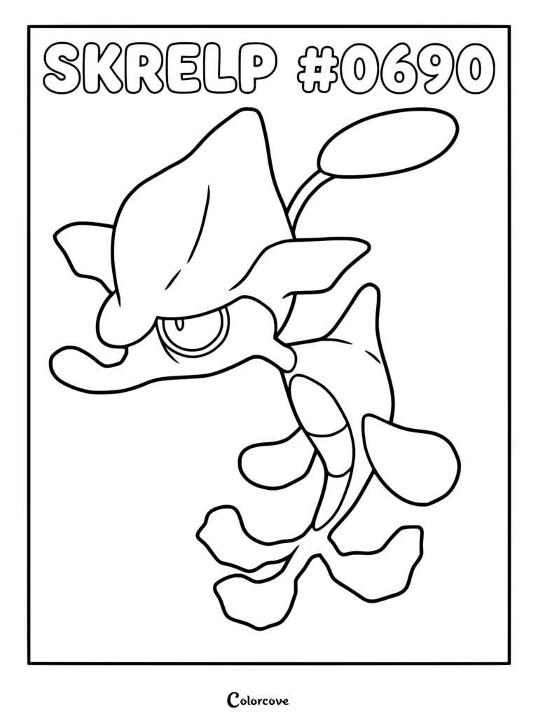Un coloriage à imprimer de Venalgue, le Pokémon de la région de Kalos, avec sa tête en forme d'algue et sa nageoire caudale aux contours noirs marqués.