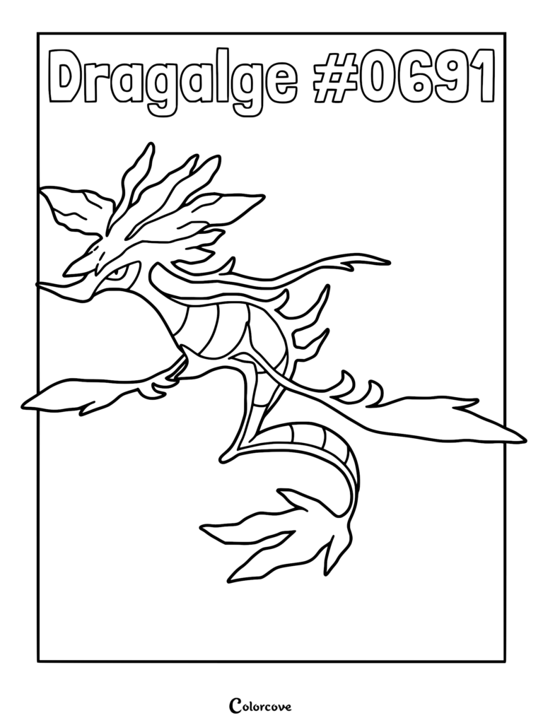Un coloriage à imprimer du Pokémon de Kalos Kravarech, avec ses appendices en forme de feuilles et sa longue queue caractéristiques.