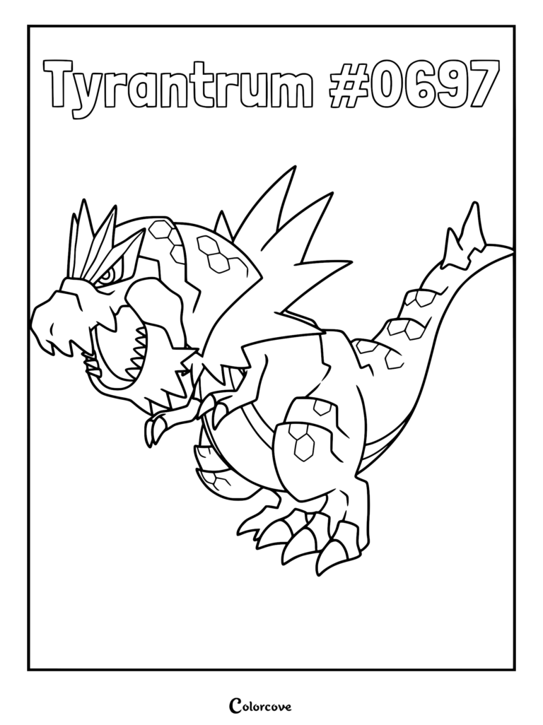 Un coloriage détaillé de Rexillius, le Pokémon dinosaure de la région de Kalos, avec la gueule ouverte et une crête dentelée en forme de couronne.
