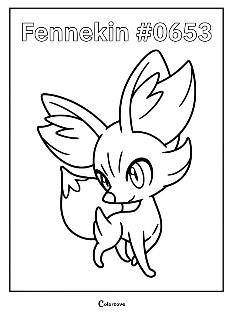 Un coloriage à imprimer du Pokémon de Kalos Feunnec, avec ses grandes oreilles et sa queue touffue dans une pose simple.