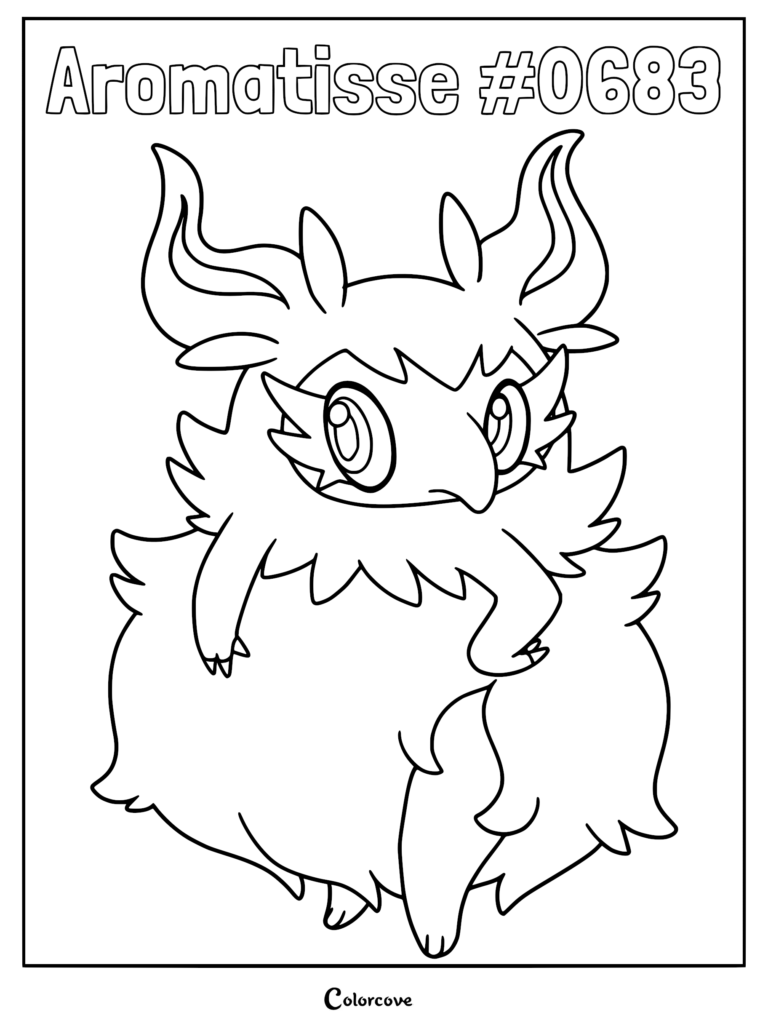Un coloriage détaillé au trait de Cocotine, le Pokémon de la région de Kalos, mettant en avant son corps duveteux, ses grandes oreilles et ses traits faciaux distinctifs.