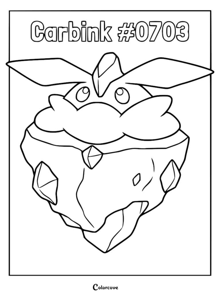 Coloriage de Strassie, le Pokémon de type Roche et Fée, avec son corps incrusté de cristaux et son col duveteux.