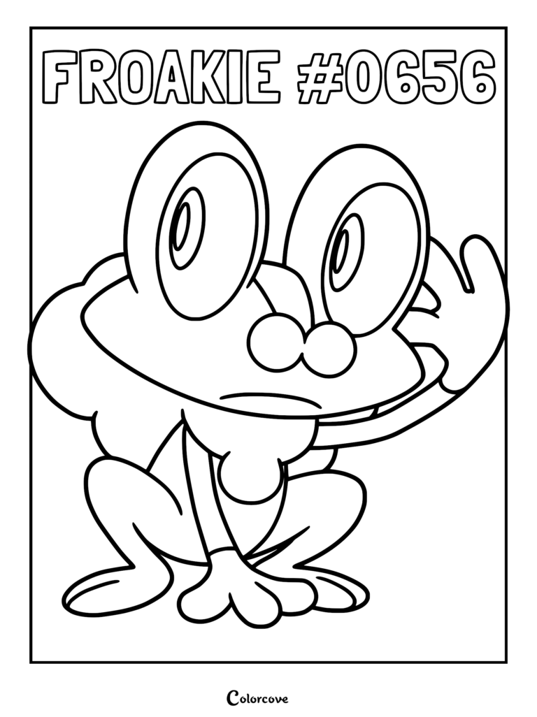 Un coloriage à imprimer de Grenousse de Kalos avec ses grands yeux et ses bulles de mousse autour du cou.