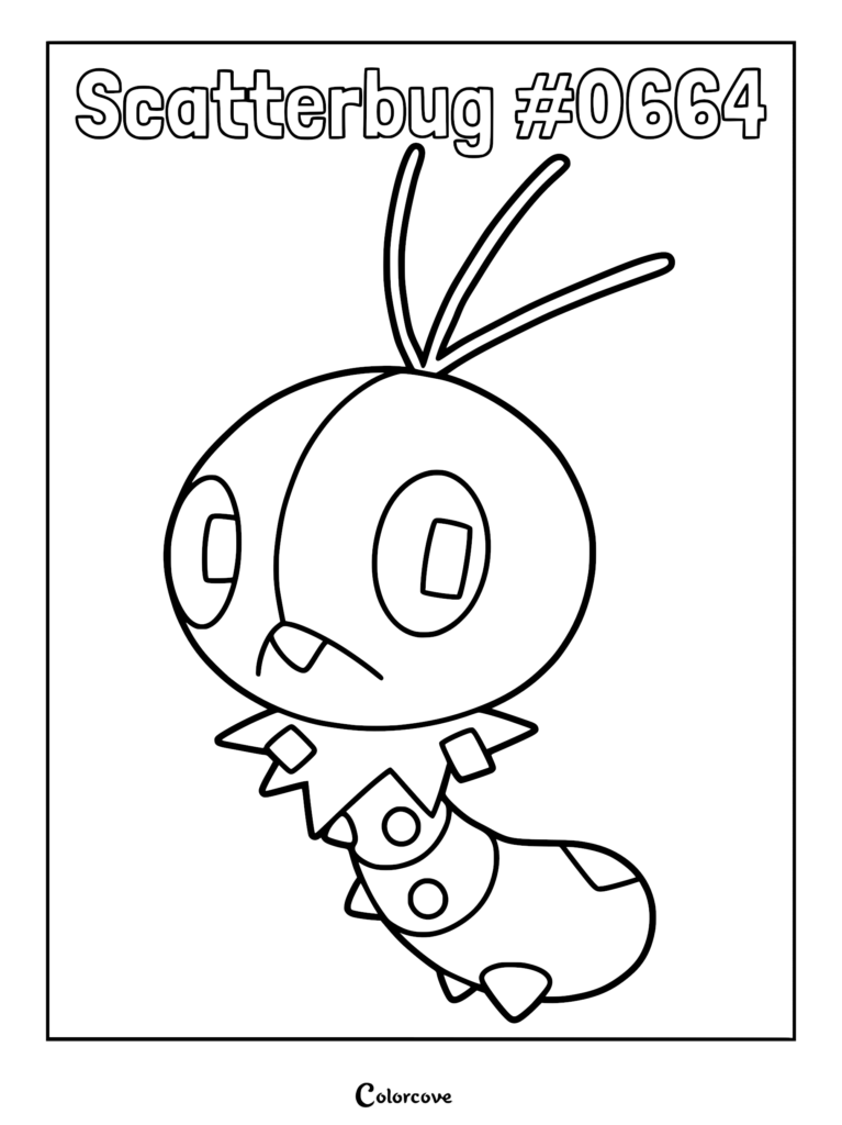 A detailed Scatterbug coloring page featuring the Kalos region bug Pokemon.