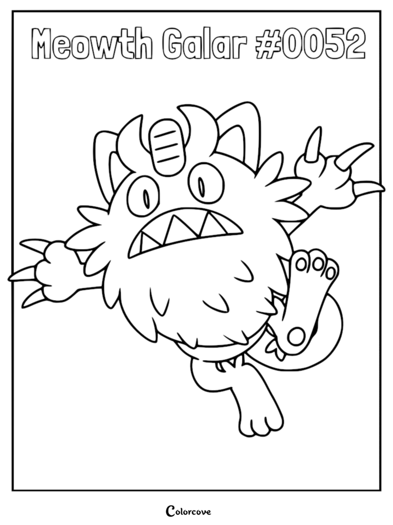 Galarian Meowth with shaggy fur and sharp teeth in a dynamic pose for a printable coloring page.