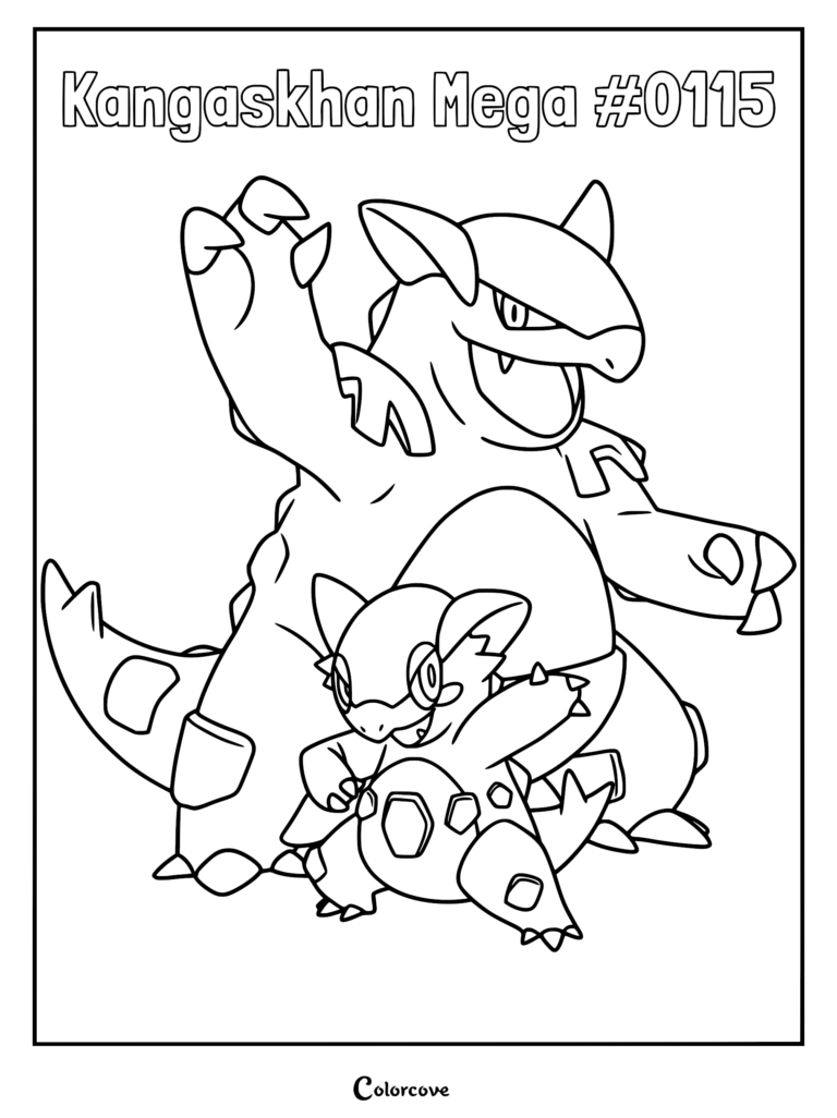 Mega Kangaskhan with its baby standing in front, detailed line art coloring page.