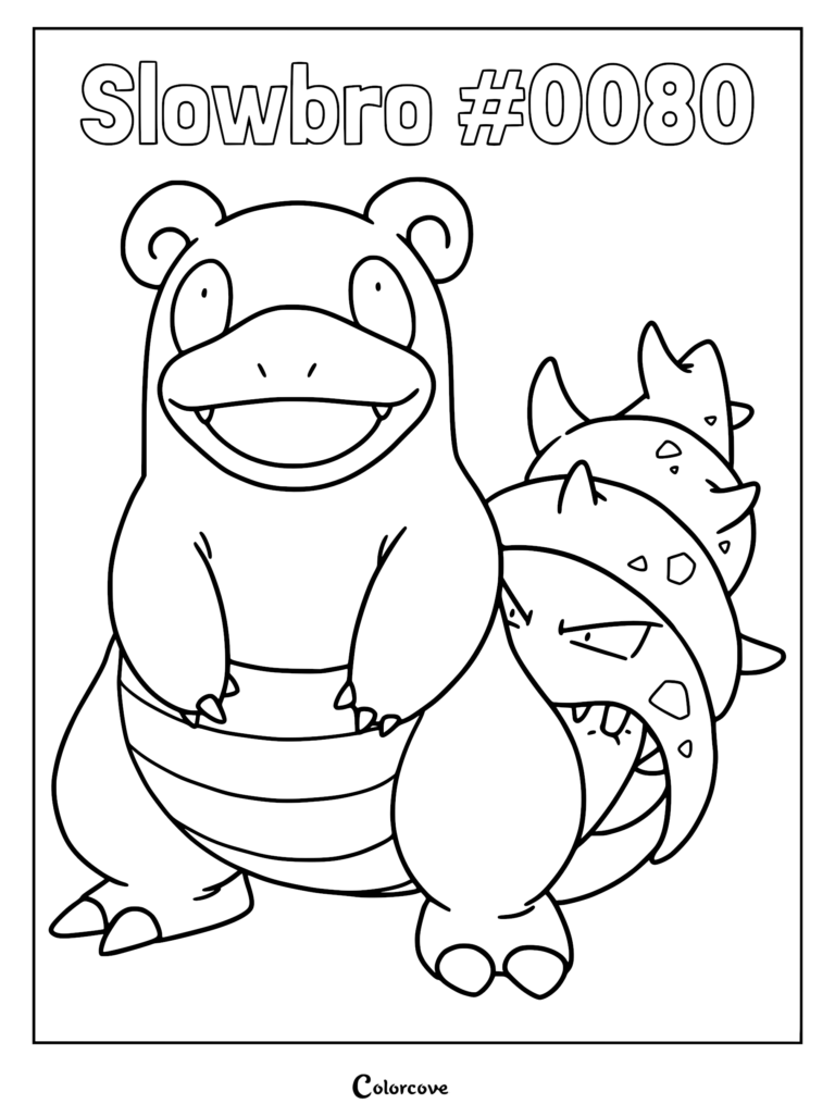 Slowbro with a Shellder attached to its tail, line art coloring page for kids.
