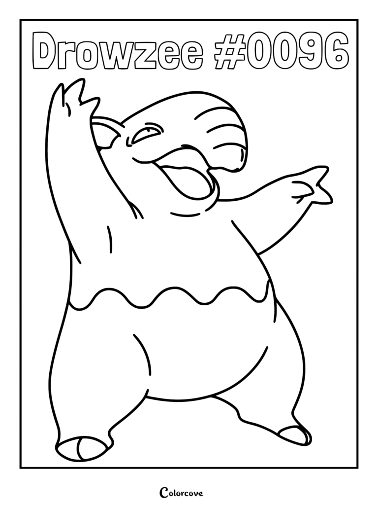 Drowzee #0096 standing with arms raised in a happy pose, line art coloring page.
