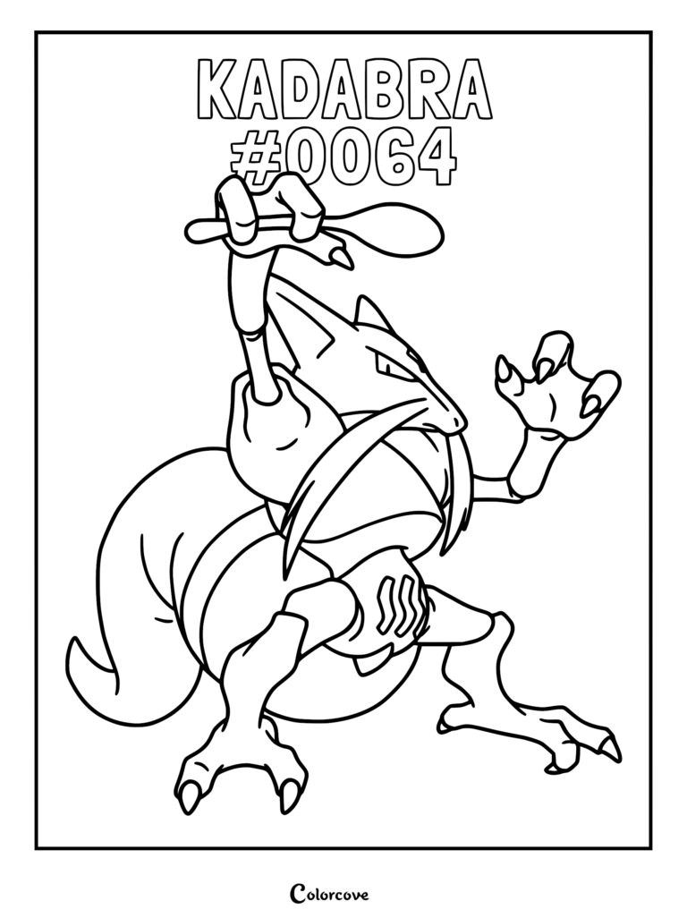 Kadabra holding a silver spoon in a dynamic pose, printable Pokemon coloring page.