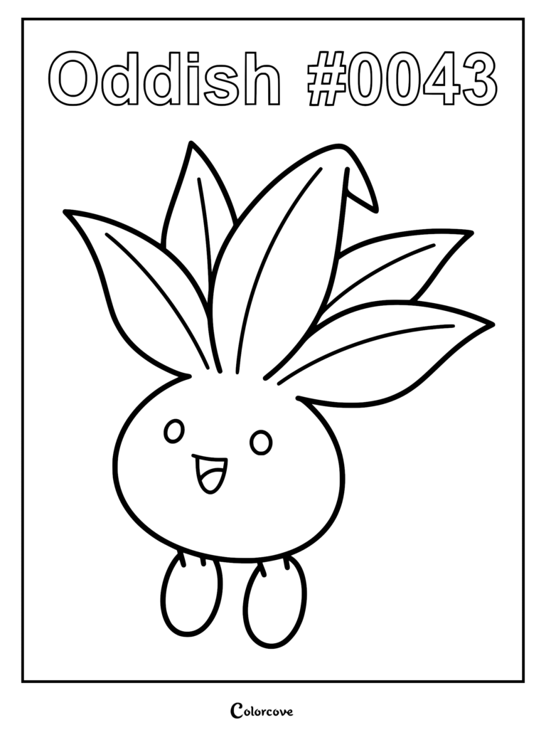 A simple line art coloring page featuring the Kanto Pokemon Oddish with its signature leaves and round body.