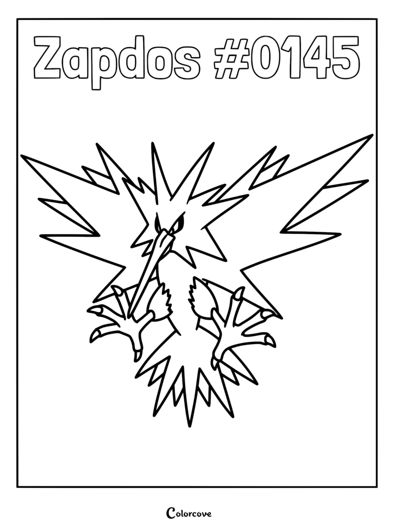 Zapdos #0145 with spiky wings and sharp beak in a printable coloring page format.