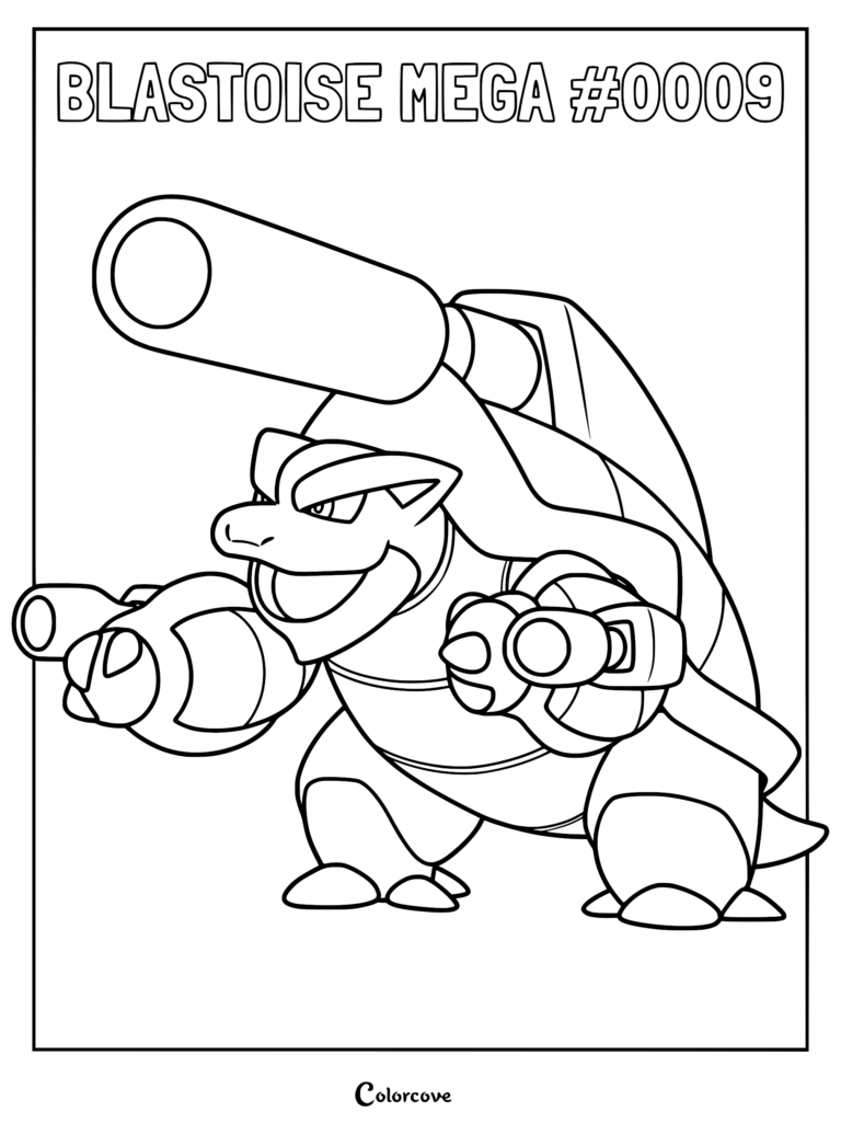 Mega Blastoise with a large shoulder cannon and arm cannons in this printable coloring page.