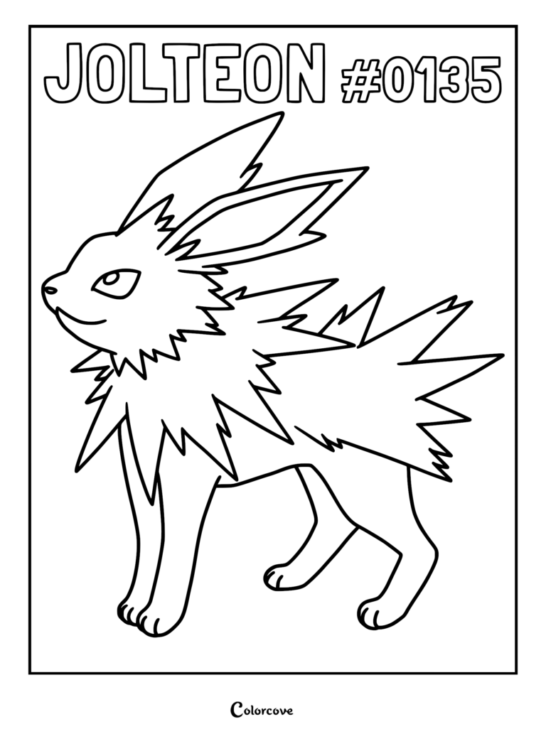 Jolteon standing in a profile view on a printable coloring page with its name and Pokedex number #0135 at the top.