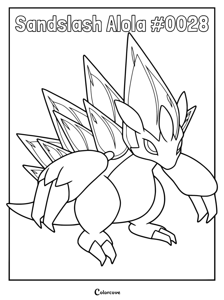 Alolan Sandslash with sharp icy quills on its back in a printable coloring page format.