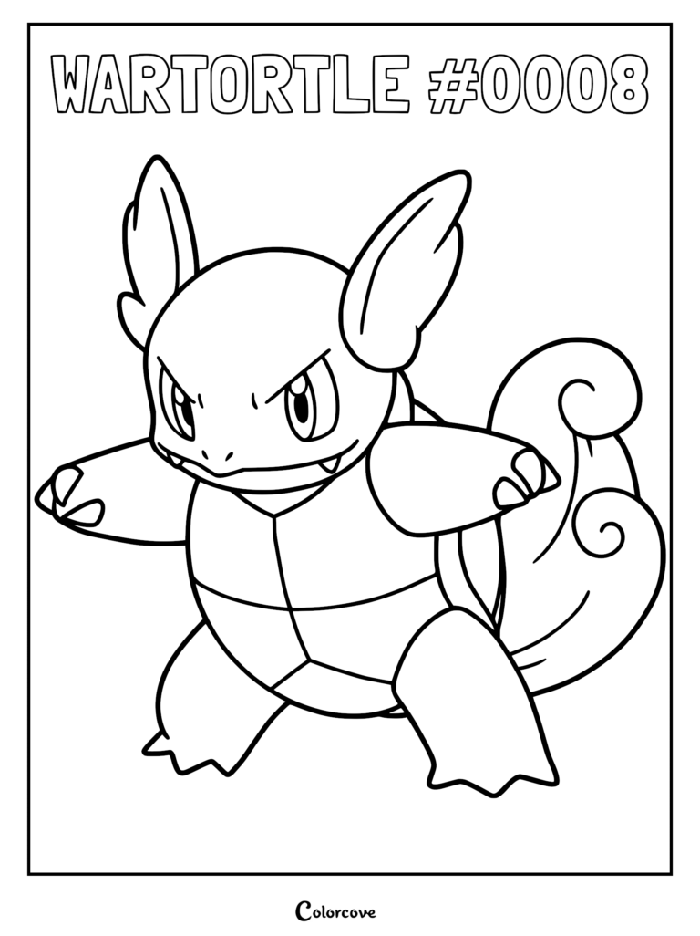 Wartortle standing in a battle stance with its signature fluffy ears and swirly tail in this printable coloring page.