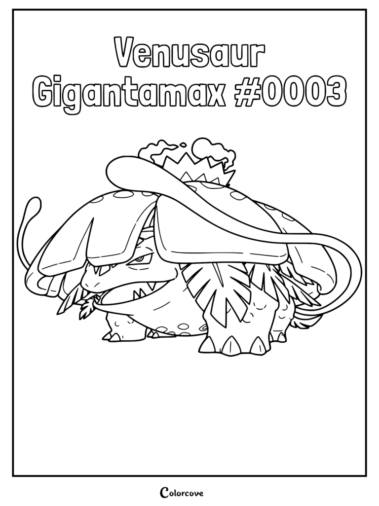 Gigantamax Venusaur with a massive flower on its back in a detailed line art coloring page.