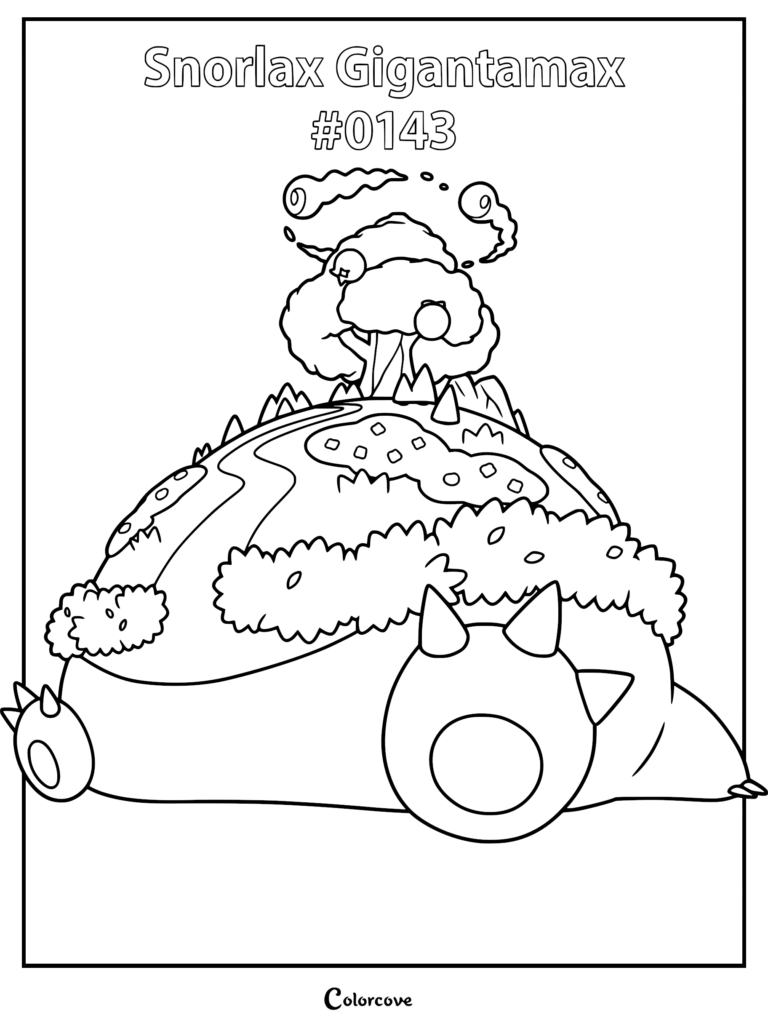 Gigantamax Snorlax with a forest and mountains on its belly in this printable coloring page.