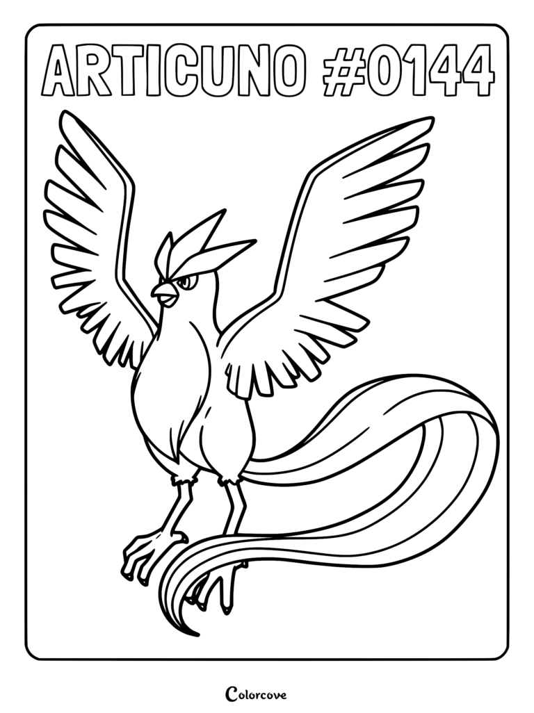 Articuno with large wings spread and long flowing tail feathers in a printable coloring page format.