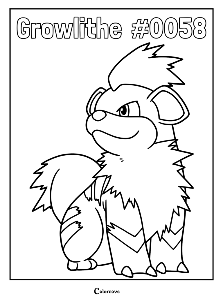 A printable coloring page featuring Growlithe #0058 with its signature fluffy mane and striped tail in a clean line art style.