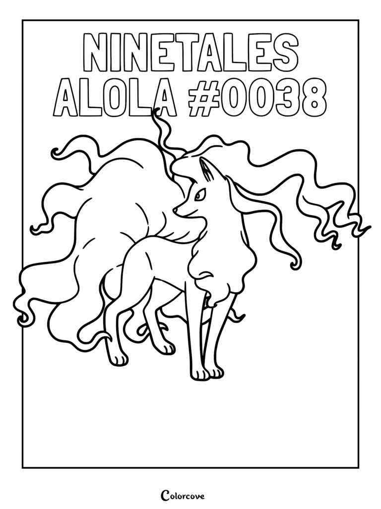 Alolan Ninetales with flowing tails in a printable coloring page format.