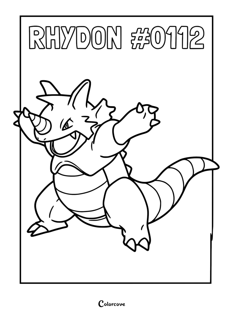 Rhydon #0112 standing in a dynamic pose for this printable Pokemon coloring page