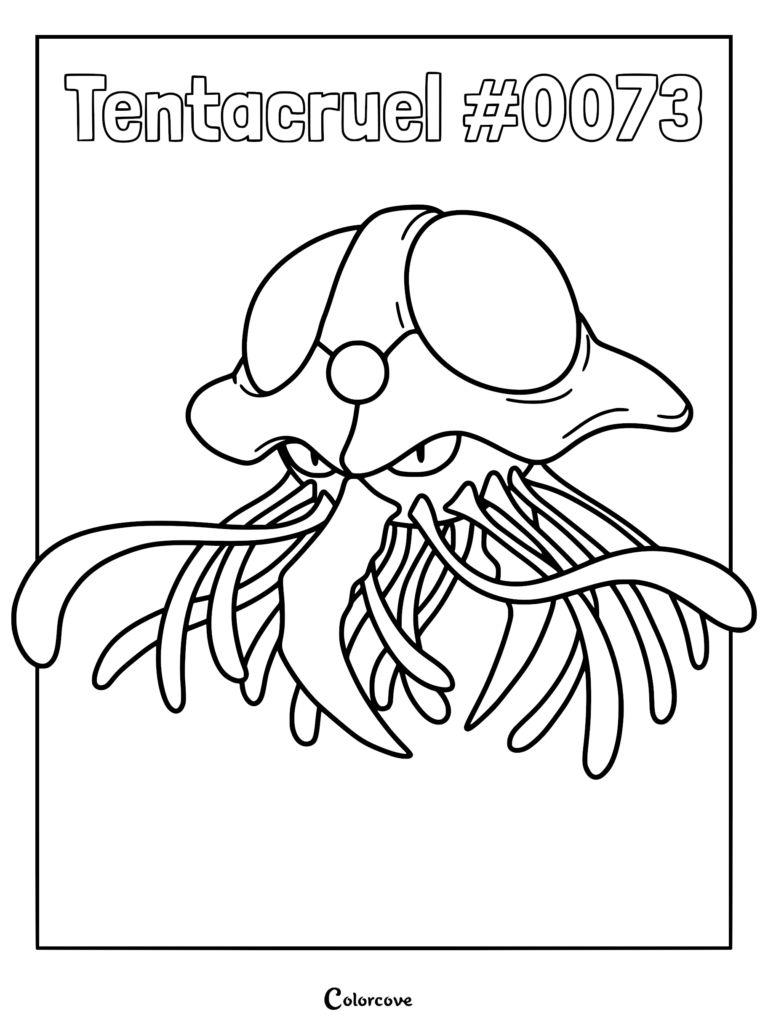 A detailed black and white line art coloring page of the Kanto Pokemon Tentacruel, showing its large dome head and many flowing tentacles.