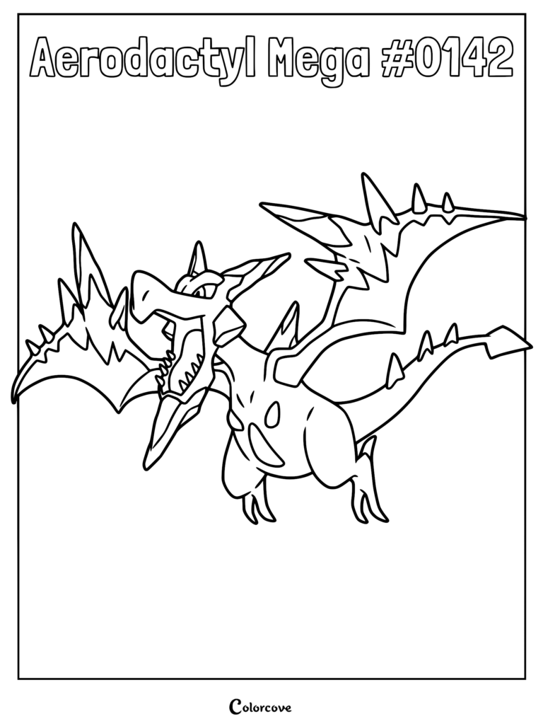 Mega Aerodactyl with jagged wings and sharp teeth in a printable coloring page format.