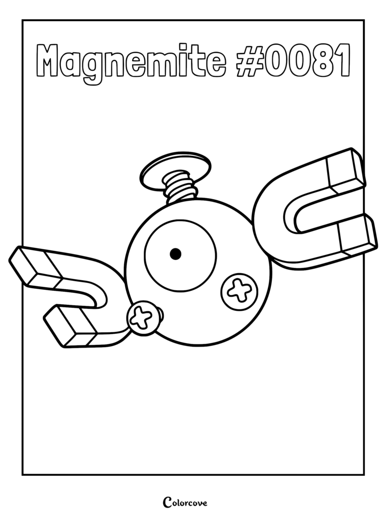 Magnemite #0081 with two magnets and a top screw on a printable coloring page.