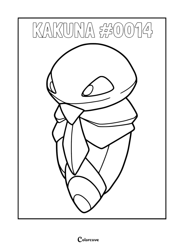 A printable Kakuna coloring page featuring the Kanto region cocoon Pokemon with its distinct triangular eyes and segmented shell.