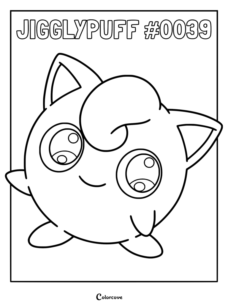 A printable coloring page featuring the round Pokemon Jigglypuff with its signature curl and large expressive eyes.