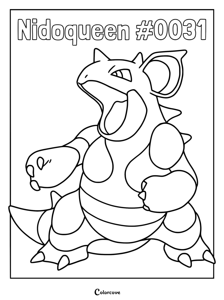 Nidoqueen #0031 standing with mouth open in a printable coloring page.
