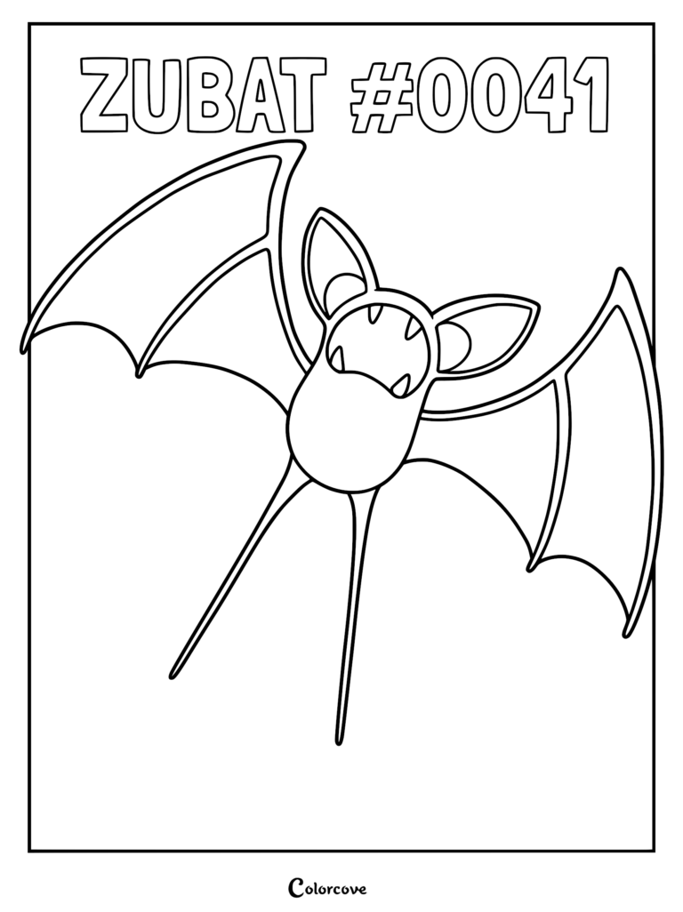 A printable Zubat coloring page featuring the bat-like Pokemon with its wings spread wide and mouth open showing fangs.