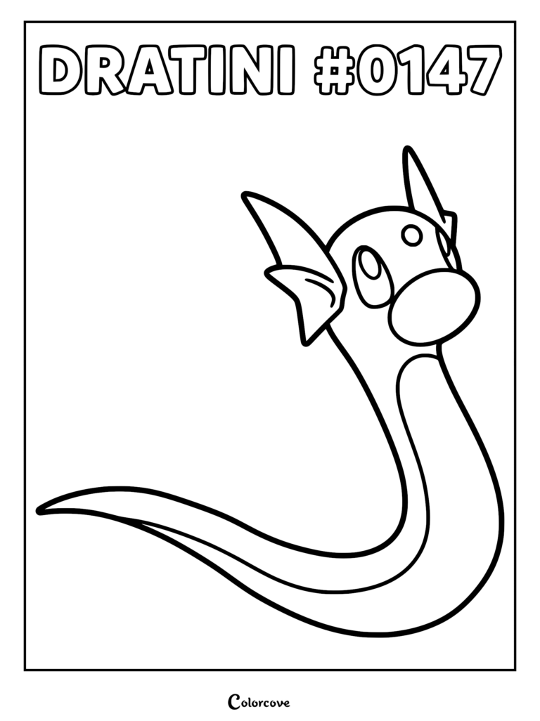 Dratini Pokemon coloring page featuring the serpent-like creature with large eyes and fin-like ears.