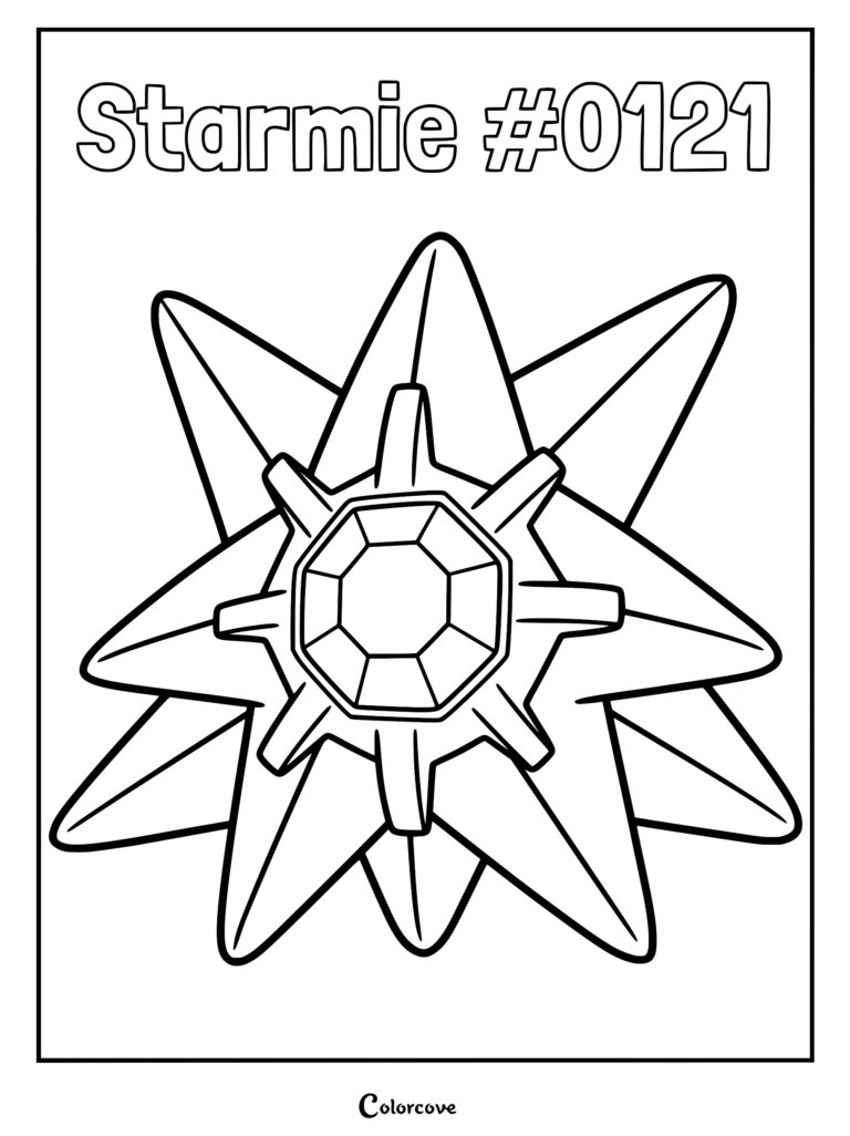 A printable Starmie coloring page featuring the star-shaped Pokemon with its central glowing core gem.