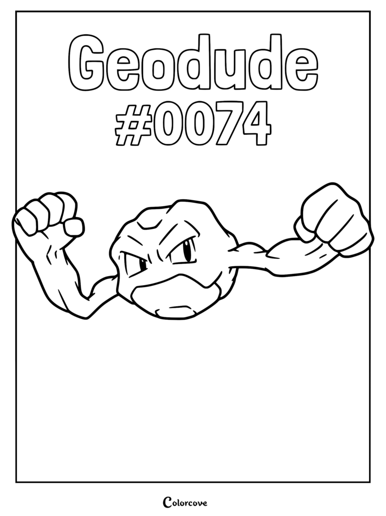 Geodude #0074 flexing its muscular arms in this printable line art coloring page.