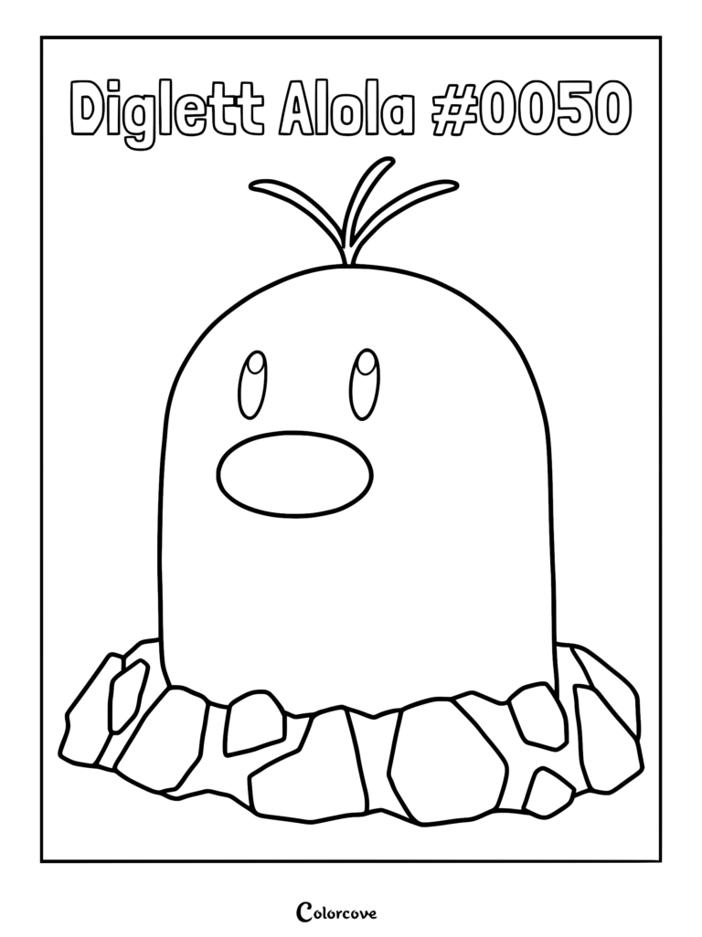 Alolan Diglett with three hair strands emerging from rocky ground in a printable coloring page.