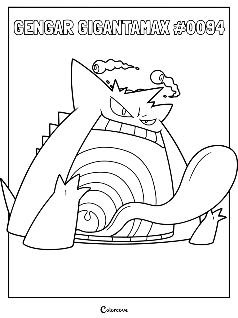 Gigantamax Gengar with a wide mouth and long tongue in a printable coloring page format.