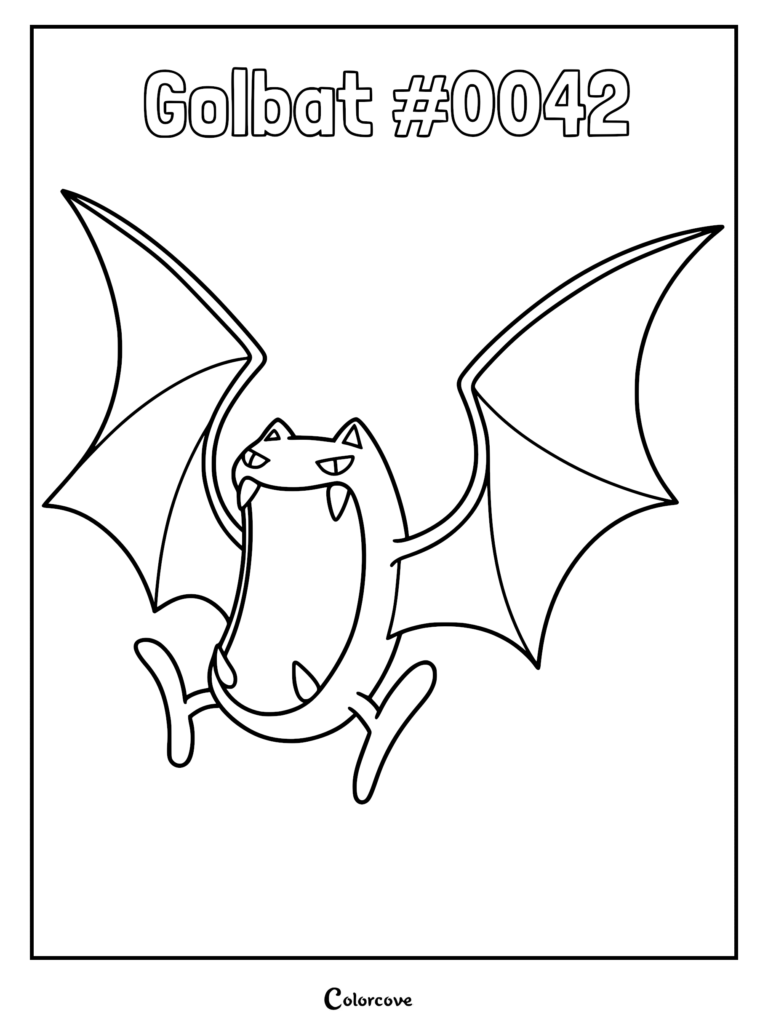 Golbat with wide open mouth and large wings spread wide in this printable coloring page